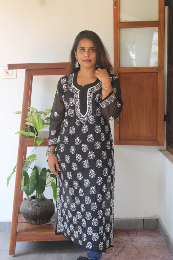 Black Mirror Work Chikankari Kurthi – Embroidered Elegance