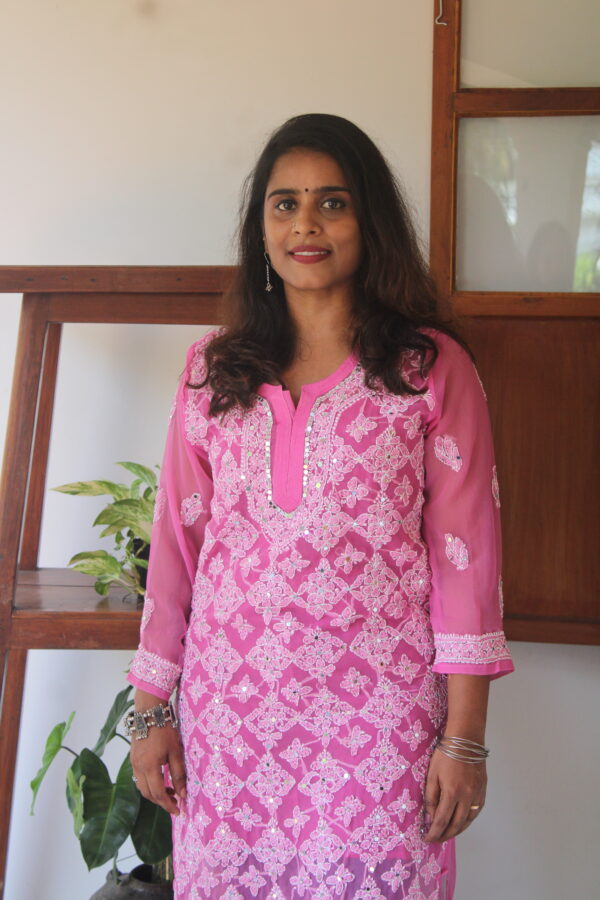 Pink Mirror Work Chikankari Kurthi – Handcrafted Ethnic Grace