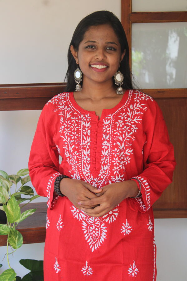 Red Mirror Work Chikankari Kurthi – Bold & Beautiful Handwork